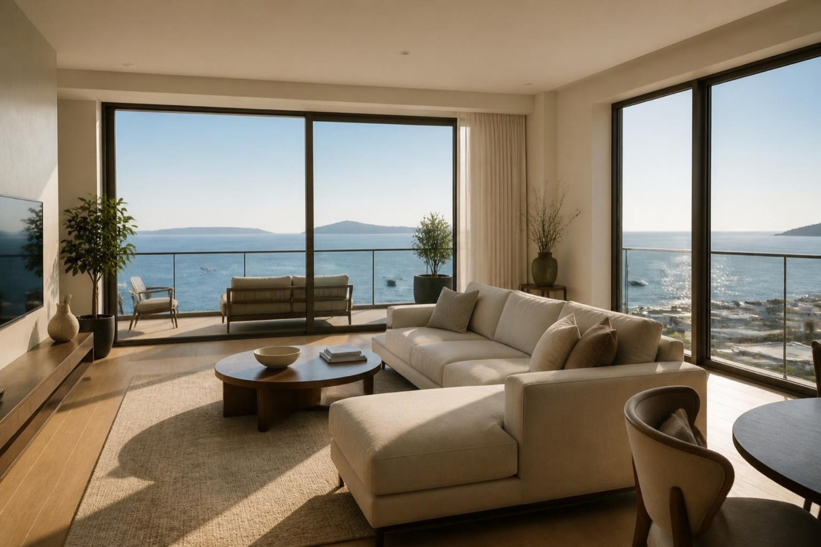 Bright living room with floor-to-ceiling windows facing the sea