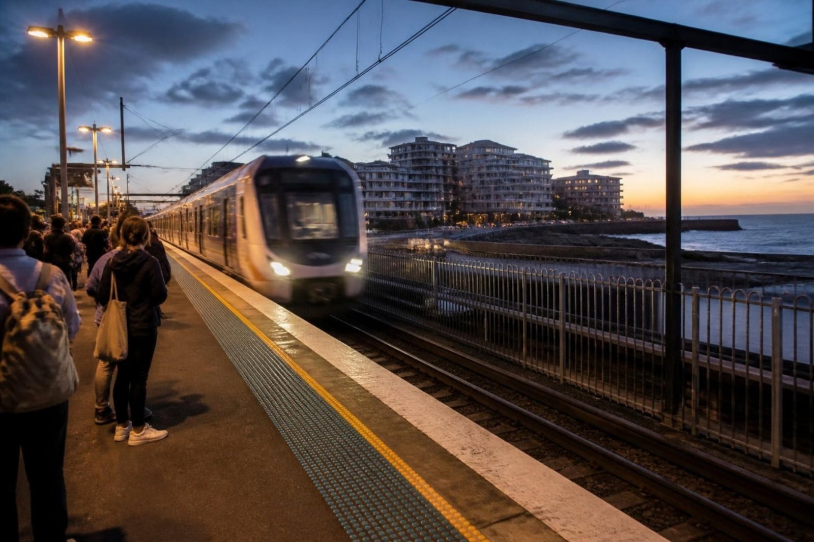 Commuter train arriving at a platform beside the sea at dusk