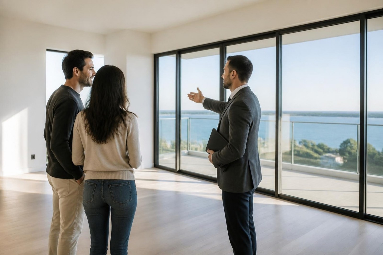 Agent showing a couple around an empty apartment with a sea view