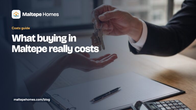 Maltepe Homes guide card: What buying in Maltepe really costs, over an illustrated Marmara horizon