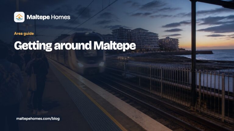 Maltepe Homes guide card: Getting around Maltepe, over an illustration of the Princes’ Islands at dusk